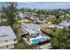 Aerial view of backyard featuring pool, patio, and fenced yard with views of surrounding neighborhood and distant bay at 580 Russell St, Longboat Key, FL 34228