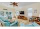 Cozy living room featuring comfortable seating, TV, and access to the backyard pool at 112 Palm Ave, Anna Maria, FL 34216