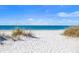 Close-up view of a white sand beach with dune grasses and tranquil turquoise ocean waters at 120 White Ave, Anna Maria, FL 34216