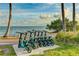 Electric scooters neatly parked by the beach with palm trees and a view of the water at 1770 Benjamin Franklin Dr # 407, Sarasota, FL 34236