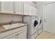 Bright laundry room featuring white cabinets, granite countertops, a utility sink, and a modern washer and dryer at 311 Compass Point Dr # 101, Bradenton, FL 34209