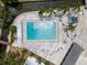 Aerial view of a pool surrounded by palm trees, umbrellas, and lounge chairs near a canal at 3352 Laurel Oak Way, Sarasota, FL 34237