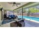 Inviting screened-in patio with comfortable seating area overlooking a sparkling pool and tropical landscaping at 4079 Woodview Dr, Sarasota, FL 34232