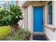 Charming entrance with vibrant blue door, neat landscaping, and 'welcome' mat at 5007 Sunnyside Ln, Bradenton, FL 34211