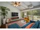 Bright living space featuring large windows, a comfortable blue sofa and polished concrete floors at 7202 18Th Nw Ave, Bradenton, FL 34209