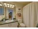 Bright bathroom with a white toilet, shower curtain, and a sea turtle painting on the wall at 904 Winter Garden Dr, Sarasota, FL 34243