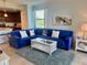 Comfortable living room with large blue couch, decorative accents, and view of modern kitchen at 16904 Vardon Ter # 201, Bradenton, FL 34211