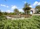 Scenic pond and water feature framed by palm trees and manicured landscaping creating a serene setting at 16904 Vardon Ter # 201, Bradenton, FL 34211