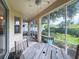 Relaxing screened porch with ceiling fan, view of manicured backyard, and wood dining table at 2160 Brandon Park Cir, Brandon, FL 33510