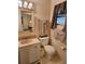 Bathroom with an art deco style sink, mirror, and toilet, with muted tan colors at 3318 Oakwood S Blvd, Sarasota, FL 34237