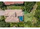 Birds-eye view of tile roof home with screened pool, complemented by a landscaped yard and green surroundings at 4584 Tuscana Dr, Sarasota, FL 34241