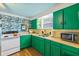 Eat-in kitchen featuring bright green cabinetry, unique wallpaper, hardwood floors, and stainless steel appliances at 8 Desoto E St, Bradenton, FL 34208