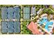 Aerial view of tennis and bocce ball courts and a pool and spa area with lounge chairs at 23528 Awabuki Dr # 101, Venice, FL 34293