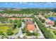 Scenic aerial view of townhouses, mature trees, and a pond in a quiet neighborhood at 3760 82Nd Avenue E Cir # 102, Sarasota, FL 34243