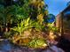 Evening view of backyard waterfall feature surrounded by lush tropical plants and landscape lighting at 3905 Country View Dr, Sarasota, FL 34233