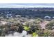 Expansive aerial view of a community with mature trees, a pond, and a distant city skyline at 3919 Glen Oaks Manor Dr, Sarasota, FL 34232