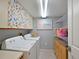 Functional laundry room with modern appliances, built-in cabinetry, and stylish wallpaper at 4550 Pinebrook Cir # 608, Bradenton, FL 34209