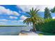 Scenic view of a waterfront with a swaying palm tree, bench seating, and the tranquil river in the background at 4840 Gulf Of Mexico Dr # Villa 15, Longboat Key, FL 34228
