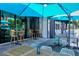 Outdoor dining featuring modern tables and chairs under stylish blue umbrellas and open-air setting at 2516 Goldenrod St, Sarasota, FL 34239
