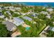 Scenic aerial view of a neighborhood with community pools, lush greenery, and beach access at 507 Spring Ave, Anna Maria, FL 34216