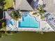 Overhead view of community pool and spa surrounded by lush tropical plants and decking at 76 Tidy Island Blvd, Bradenton, FL 34210