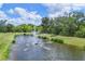 Scenic pond with fountain surrounded by lush greenery and trees, creating a tranquil and picturesque setting at 8628 Milestone Dr, Sarasota, FL 34238