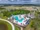 Aerial view of a community pool with a waterslide, palm trees, lounge chairs, and a lake in the background at 8916 Isabella Cir, Parrish, FL 34219
