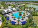 Community pool featuring palm trees and lounge chairs, next to covered seating areas at 8916 Isabella Cir, Parrish, FL 34219