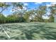 Tennis court with green surface and surrounded by a net and mature trees at 110 San Lorenzo Ct, Bradenton, FL 34208