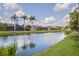 Beautiful lake view surrounded by lush landscaping, palm trees, and several houses in the distance at 11410 57Th E St, Parrish, FL 34219