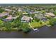 Waterfront home featuring a private dock and pool offers serene living in this aerial neighborhood view at 11807 Rive Isle Run, Parrish, FL 34219