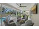 Inviting covered patio with stylish seating and a view of the pool and barbecue area at 1626 Ridgewood Ln, Sarasota, FL 34231
