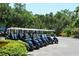 Golf carts lined up and ready for use at Longboat Key Club under shady green trees at 3070 Grand Bay Blvd # 644, Longboat Key, FL 34228