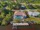 Aerial view of property, featuring a backyard pool, private dock, and waterfront access at 3620 Como St, Port Charlotte, FL 33948