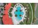 Aerial view of the unique clover-shaped pool with mature palm trees and ample lounge seating at 5816 Mezzana Run, Palmetto, FL 34221