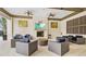 Relaxing outdoor lounge area with comfortable seating, ceiling fans, and a fireplace at 5816 Mezzana Run, Palmetto, FL 34221