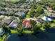 Aerial view of a neighborhood, showcasing homes with pools, lush trees, and a serene lake at 766 Shadow Bay Way, Osprey, FL 34229