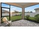 The screened lanai offers an outdoor living space with views of the backyard and a privacy fence at 5770 Long Shore Loop, Sarasota, FL 34238