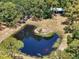 Aerial view of pond surrounded by lush green trees with small boats next to house at 13719 Seminole Trl, Wimauma, FL 33598