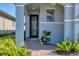 Charming entryway with decorative door, well-kept landscaping, and decorative planters at 197 Villoresi Blvd, Nokomis, FL 34275