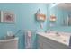 Comfortable bathroom with blue walls, white cabinetry, and a clean, well-maintained space at 307 White Oak Way, Sarasota, FL 34237