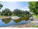 Scenic view of a tranquil pond with a fountain surrounded by mature trees and lush greenery at 307 White Oak Way, Sarasota, FL 34237