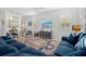 A comfortable living room with bright white walls, blue furniture, and a patterned rug at 704 Gladiolus St, Anna Maria, FL 34216