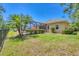 Backyard view of a screened pool enclosure surrounded by lush lawn and manicured landscaping at 15208 21St E Ave, Bradenton, FL 34212
