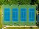 An aerial shot of pristine blue and green tennis courts, surrounded by lush greenery at 2110 Craft Ln, Sarasota, FL 34239