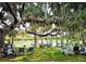 Lush community area with mature trees, lounge chairs, and a view of a tranquil lake at 321 Sorrento Dr, Osprey, FL 34229