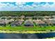 Aerial view of a neighborhood showcasing homes with screened-in pools and scenic water views at 518 Chantilly Trl, Bradenton, FL 34212