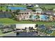 Aerial view of community amenities, including a pool, clubhouse, tennis courts, and surrounding residences at 655 Maldives Trl, Sarasota, FL 34234