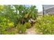 Close up of landscaped backyard with rock path, lush tropical plants and shrubbery leading to the property at 7126 Southgate Ct, Sarasota, FL 34243