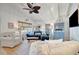 Cozy living room with white wood-paneled ceiling, ceiling fan, comfortable seating, and stylish decor at 880 N Shore Dr, Anna Maria, FL 34216